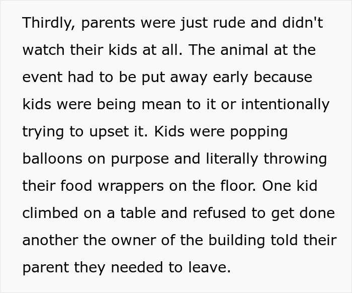 Text about guests behaving rudely at a child's party, ignoring the host's rules.