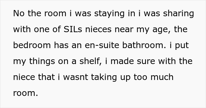 Text discussing sharing a room with a niece, mentioning an en-suite bathroom and organizing items on a shelf.