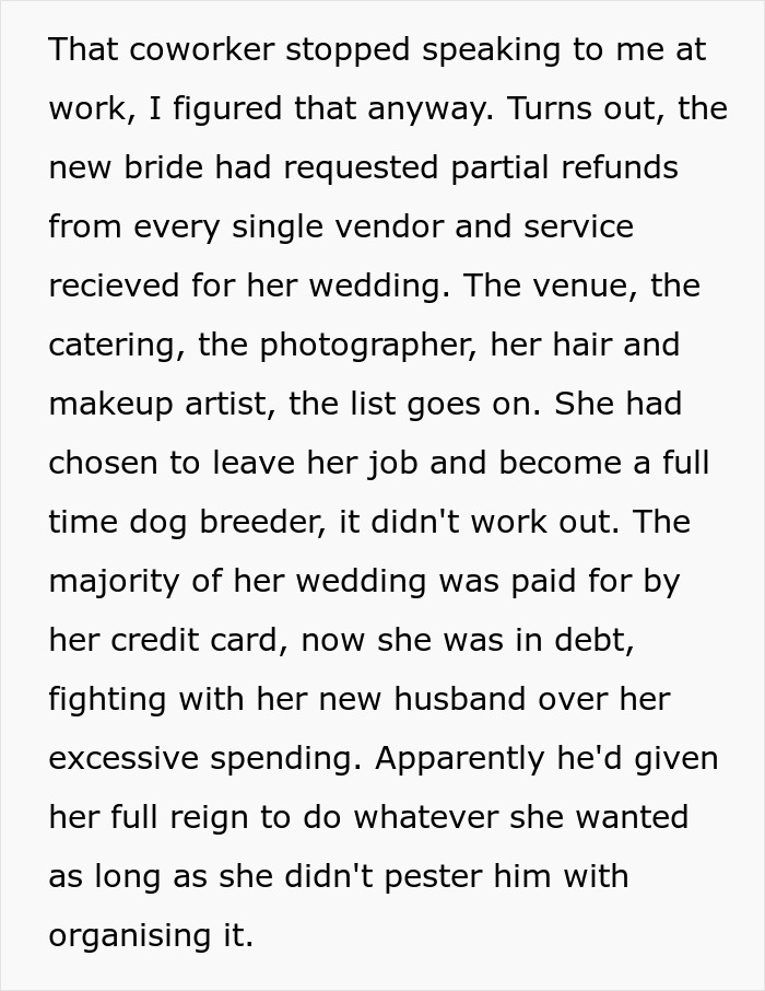 Text detailing a bride requesting wedding refunds after an unsuccessful marriage.