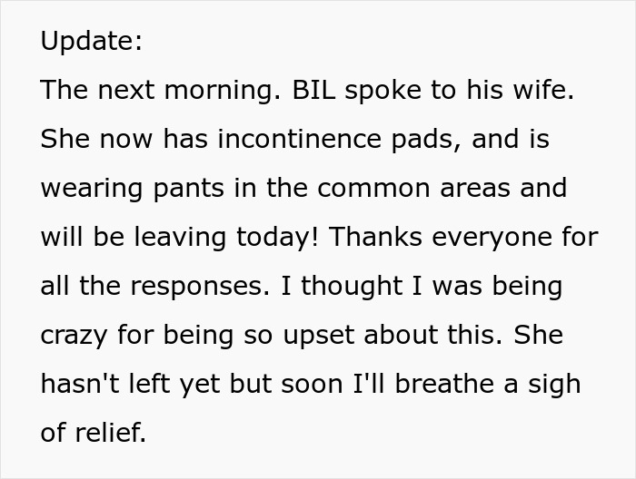 Text update about a roommate wearing pants, planning to leave soon, and causing relief. Text update about a roommate wearing pants, planning to leave soon, and causing relief.