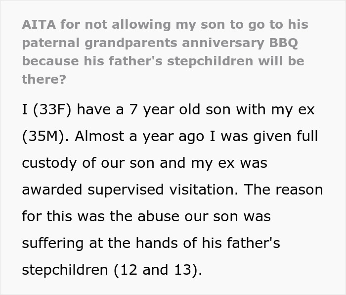 Discussion text about a mom refusing her son to attend a BBQ due to his stepsiblings.