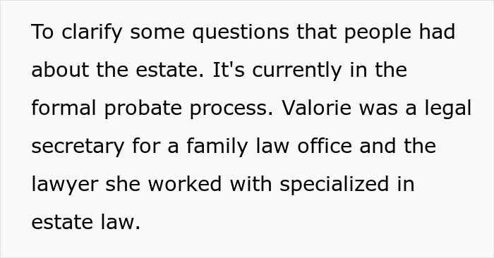 Text discussing the current probate process of an estate and details about a legal secretary's role in family law.