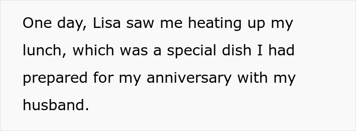 Text image about a coworker noticing a special lunch prepared for an anniversary, highlighting team spirit issues.