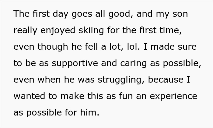 Text describing a father's supportive skiing experience with his son on a beginner trail.