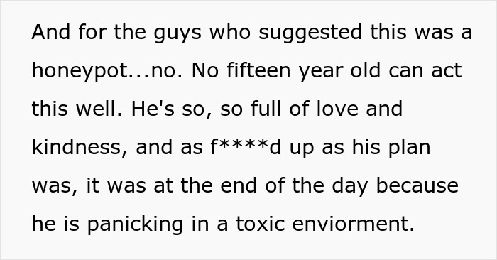 Text discussing a teenager's plan involving a fake account due to a panicked reaction in a toxic family environment.