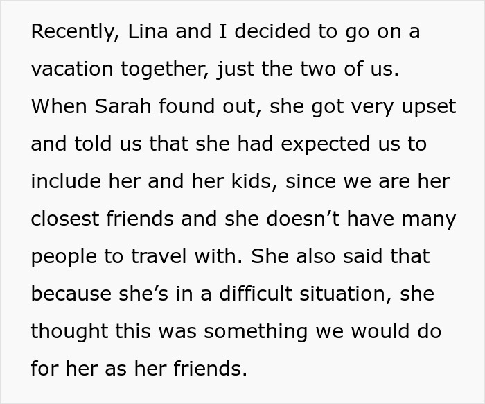 Text image discussing a single mom's reaction to child-free vacation plans and the tension it caused among friends.