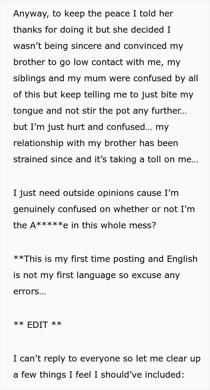 Text screenshot discussing family drama over brother's birthday trip gift.