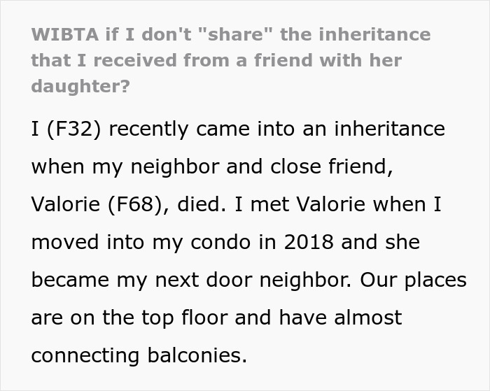 Text discussing dilemma over sharing inheritance received from a friend.