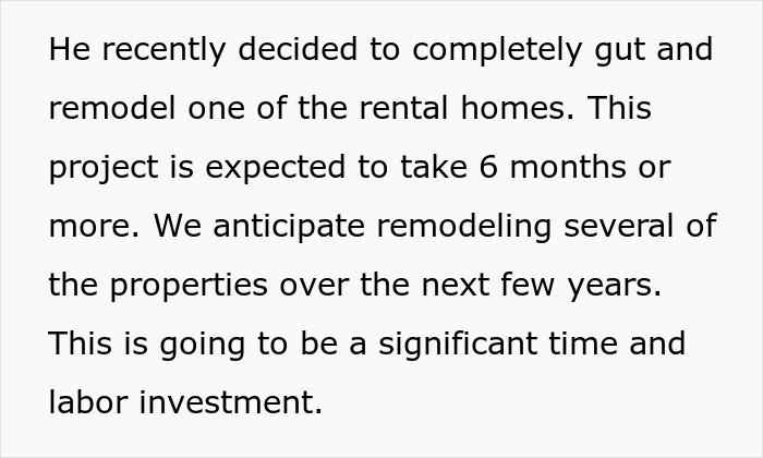 Text about property remodeling decision and investment of time and labor.