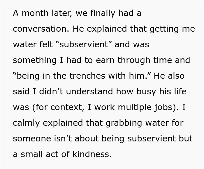 Text about refusing to get water, discussing perceptions of subservience and small acts of kindness. Text about refusing to get water, discussing perceptions of subservience and small acts of kindness.