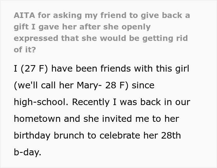 Text discussing a woman's dilemma about reclaiming a used birthday gift given to her friend.