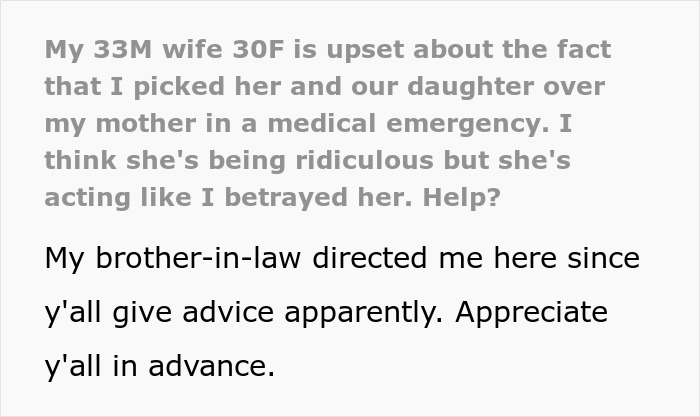 Text post about a man's dilemma choosing between his wife and mother during a medical emergency.
