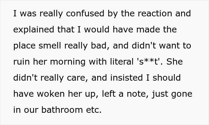 Text exchange about a man avoiding a smelly room by using a lobby toilet, causing confusion with his girlfriend.
