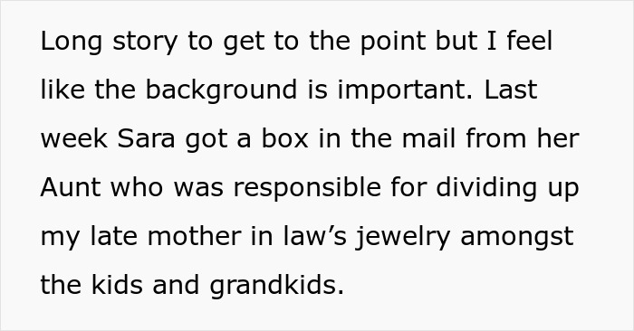 Text explaining a situation where jewelry gets divided among children and grandchildren by an aunt. Text explaining a situation where jewelry gets divided among children and grandchildren by an aunt.