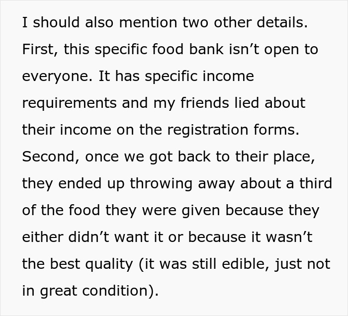 Text discussing food bank misuse due to false income reports, resulting in wasted food. Text discussing food bank misuse due to false income reports, resulting in wasted food.