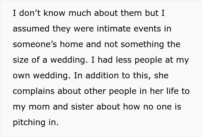 Text snippet discussing an entitled sister, baby shower, and complaints about event size. Text snippet discussing an entitled sister, baby shower, and complaints about event size.