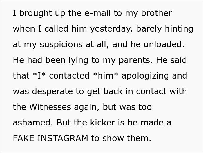 Text detailing a fake Instagram account created to show parents their brother's situation.