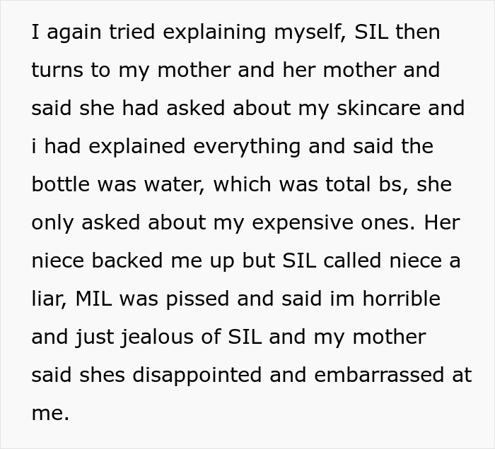 Text discussing expensive skincare conflict with SIL, family reactions highlighted.