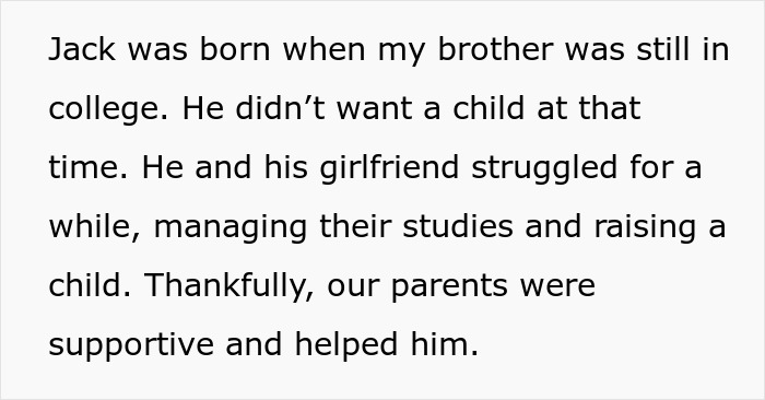 Text about brother and girlfriend's struggle with studies and raising child.
