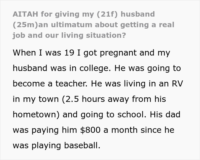 Text describing a wife giving her husband a job-hopper ultimatum over real job and living situation.