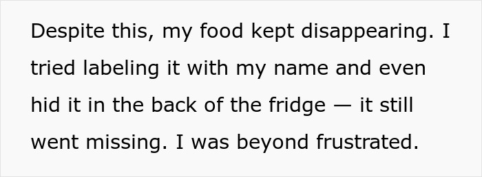 Text about disappearing food despite labeling efforts, expressing frustration.
