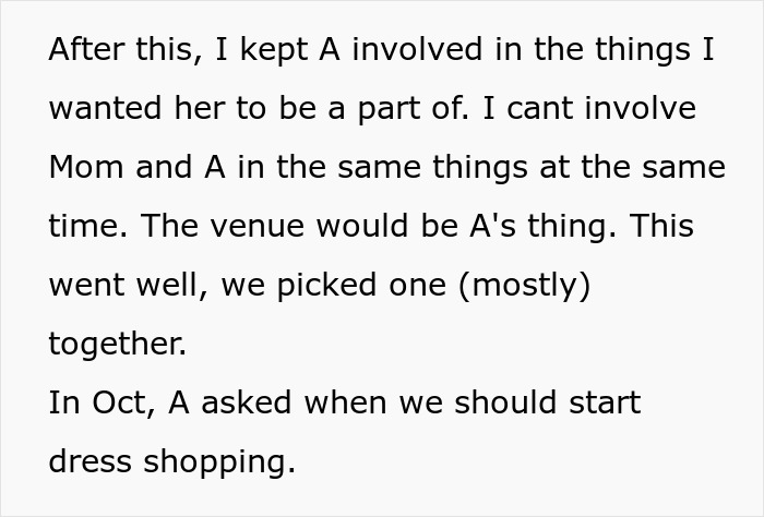 Text about involving "A" in wedding planning and dress shopping mentions timing for October.