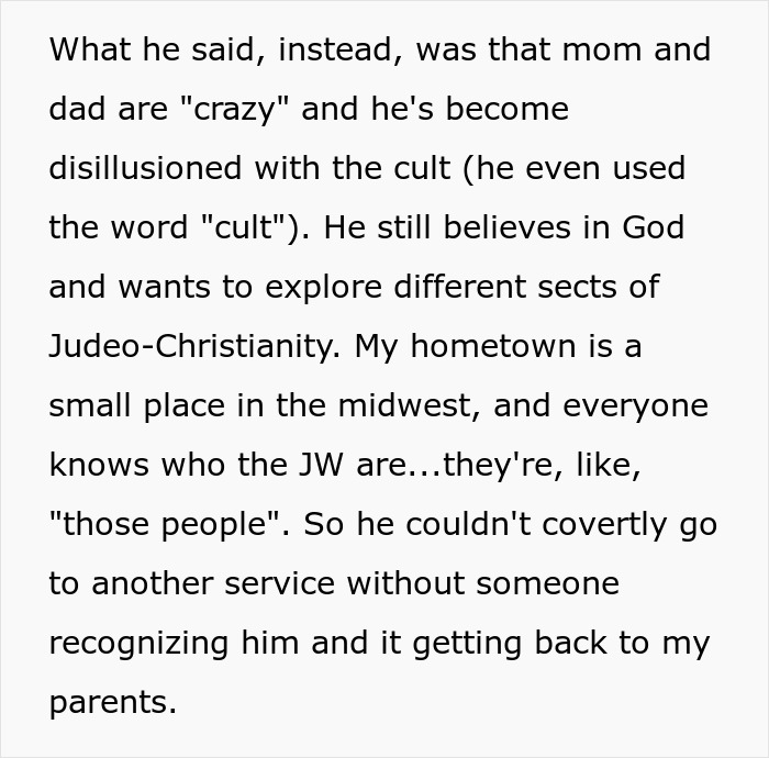 Text discussing a brother's religious exploration and family disillusionment in a small Midwest town.