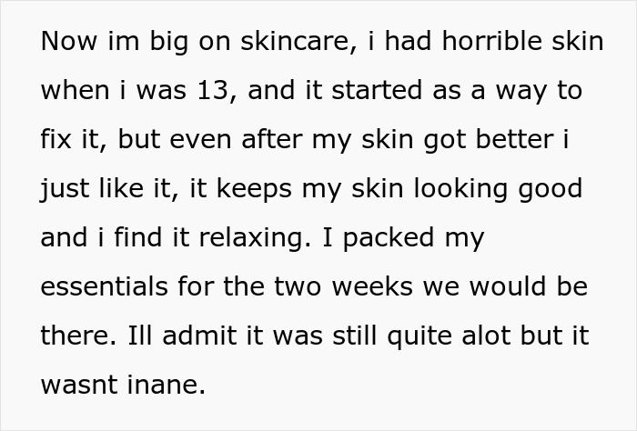 Text discussing teen's commitment to skincare routine, mentioning past skin issues and essentials packed for two-week trip.