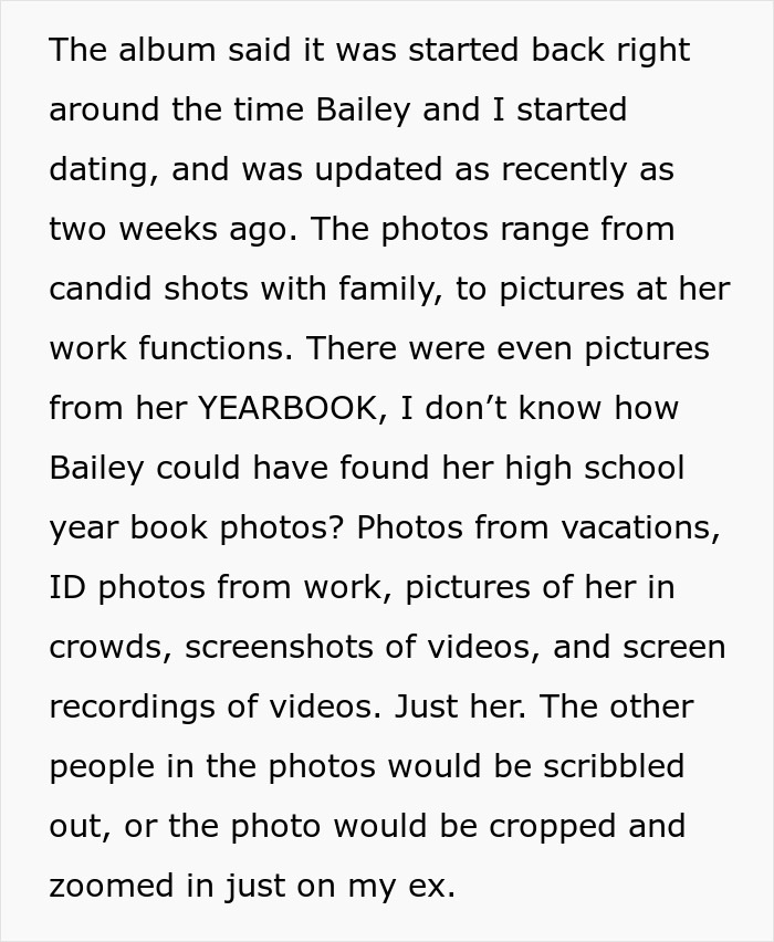 Text describing husband discovering wife's nine-year obsession with his ex.