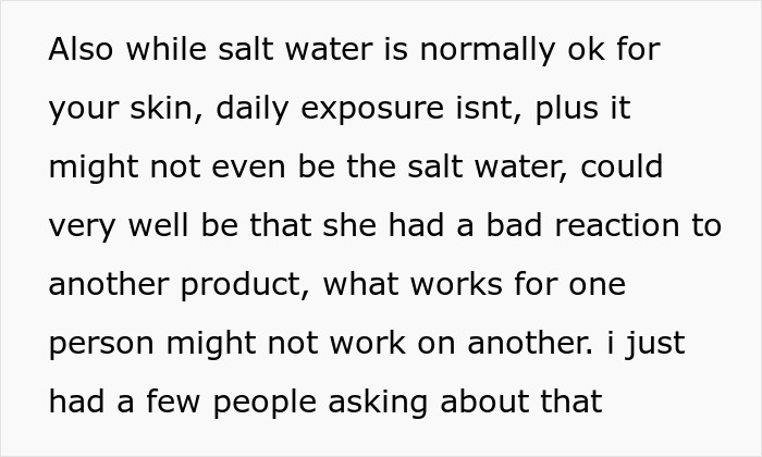 Text explaining potential skin reactions with daily salt water exposure and product use.