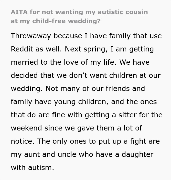 Text discussing a child-free wedding rule and excluding autistic cousin. Text discussing a child-free wedding rule and excluding autistic cousin.