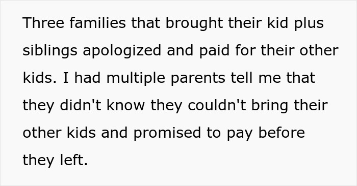 Text from a parent's experience about party RSVPs and unexpected siblings attending.