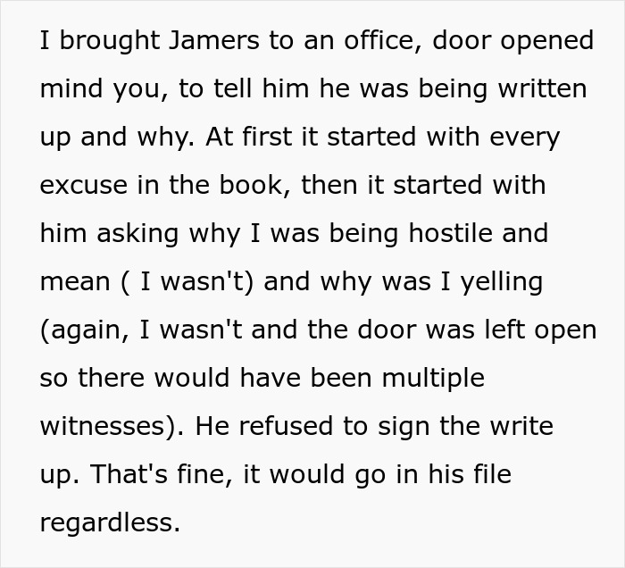 Text describing a worker's arguments against a write-up, highlighting HR challenges. Text describing a worker's arguments against a write-up, highlighting HR challenges.