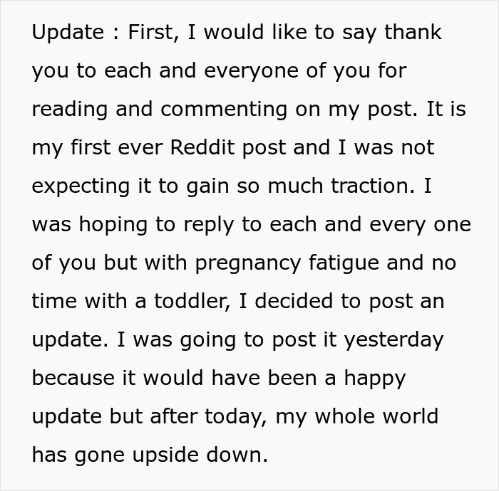 Reddit post update from a pregnant wife about managing fatigue and toddler, while husband is on overseas trip.