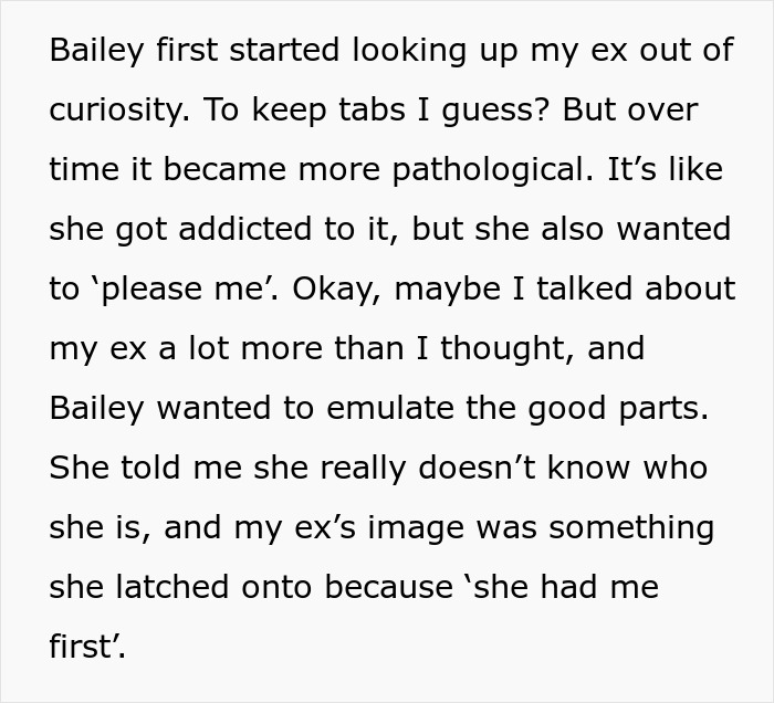 Text discussing a wife's obsession with her husband's ex, resulting in imitation of the ex's appearance.