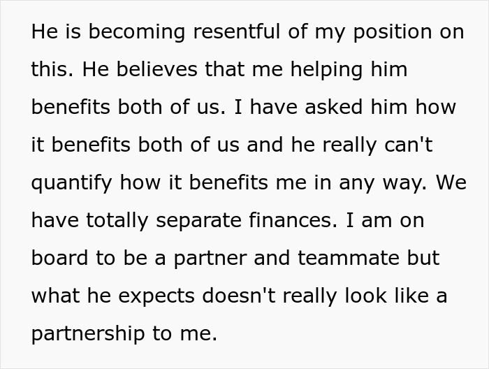Text discussing financial independence and relationship expectations between partners.