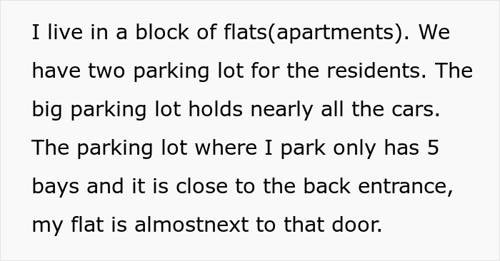 Text about resident parking issues in apartment complex.