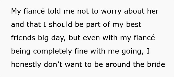 Text from a man's note explaining his fiancée, banned for being too attractive, urged him to attend his best friend's wedding. Text from a man's note explaining his fiancée, banned for being too attractive, urged him to attend his best friend's wedding.