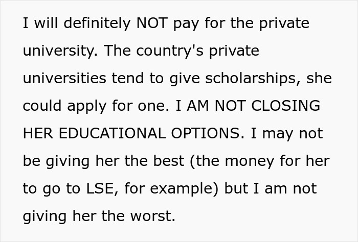 Text explaining a decision not to pay for a private university, suggesting scholarships as an option.
