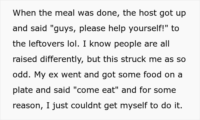 Text discussing guests being invited to eat only the leftovers after a meal.