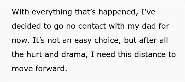 Text expressing a daughter's decision to avoid her dad amid conflict over stepmom's demands.