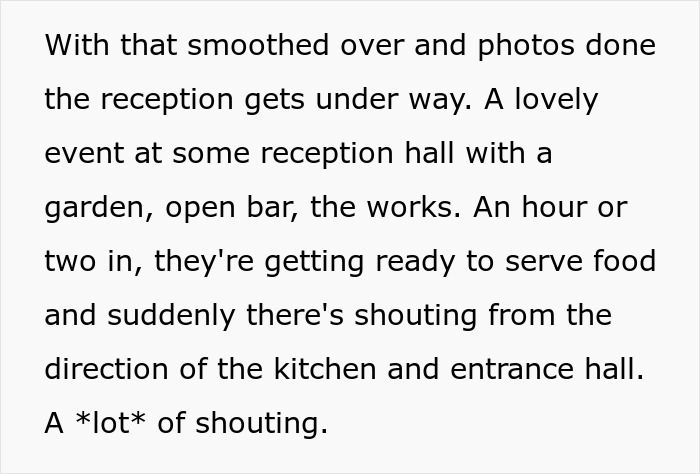 Text about an event interrupted by unexpected shouting, mentioning a reception, kitchen, and entrance hall. Text about an event interrupted by unexpected shouting, mentioning a reception, kitchen, and entrance hall.