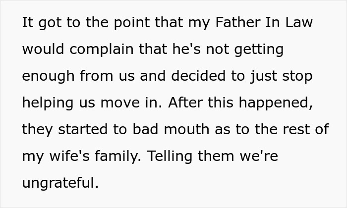 Text about father-in-law complaining about lack of help and badmouthing daughter and son-in-law to family. Text about father-in-law complaining about lack of help and badmouthing daughter and son-in-law to family.