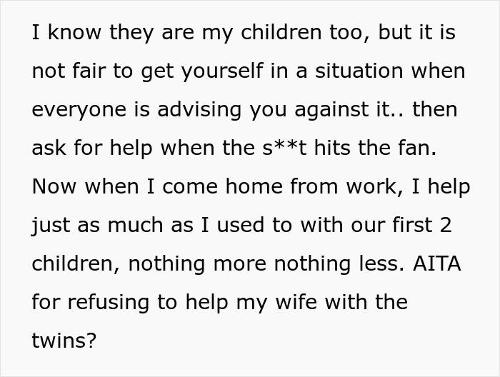 Text excerpt discussing refusal to help wife with twins, mentioning vasectomy disagreement.