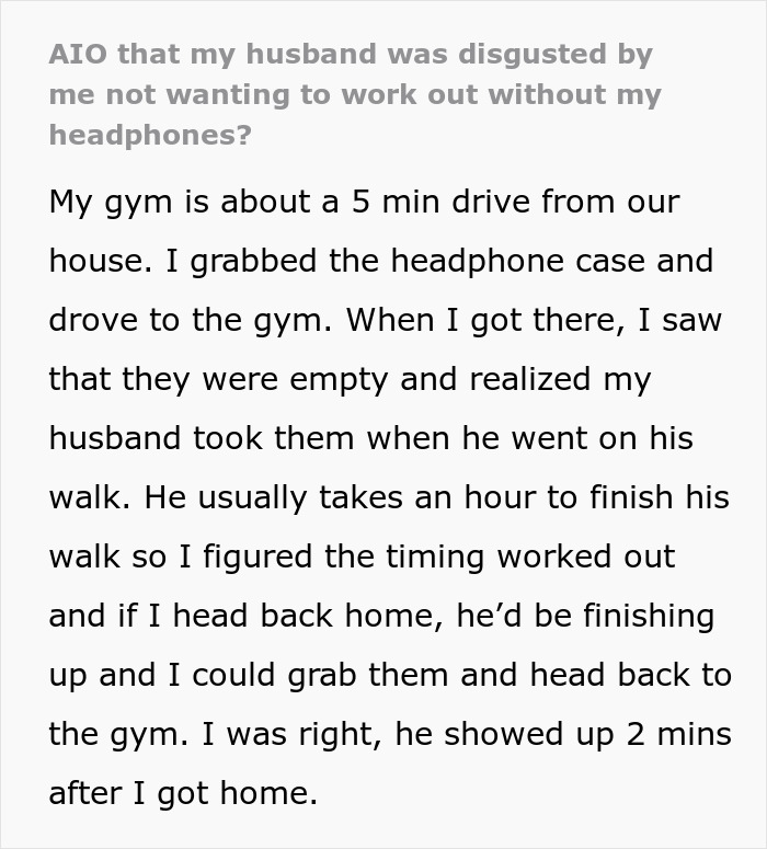 Text screenshot discussing tension over headphones at the gym between husband and wife.