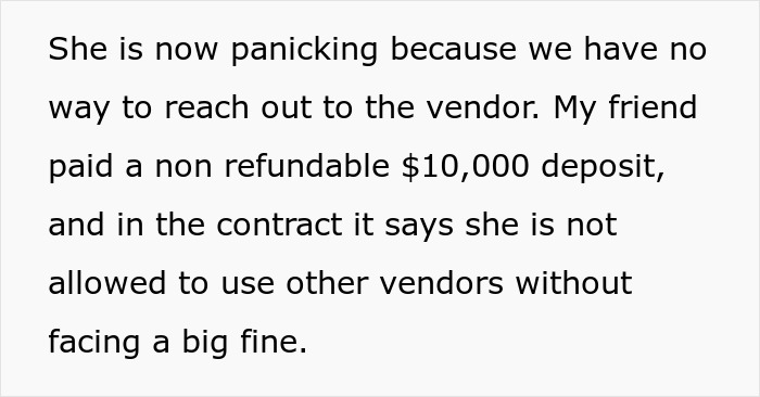 Text about wedding vendor issue with non-refundable deposit and contract fine.