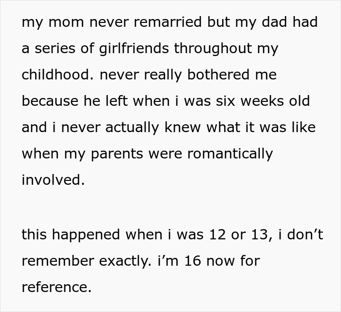 Text about a teen's father, his relationships, and family dynamics with the new "mom" situation. Text about a teen's father, his relationships, and family dynamics with the new "mom" situation.