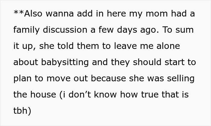 Text about a mother discussing the daughter's refusal to babysit without asking.