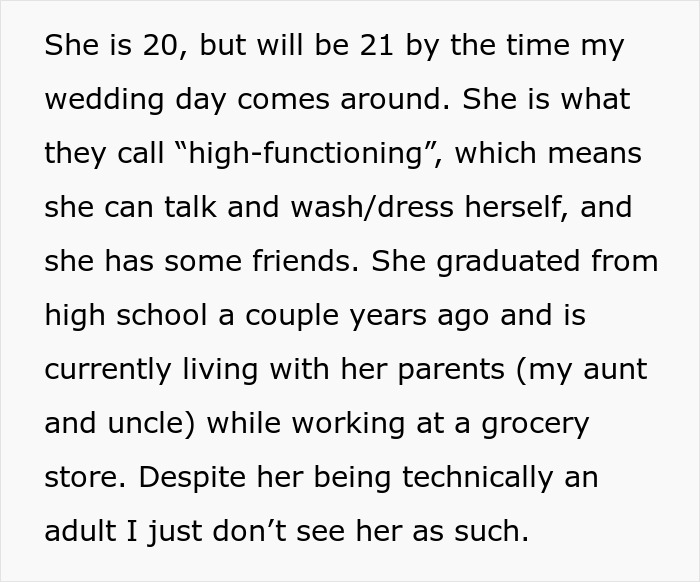 Text explaining bride's child-free wedding rule affecting a 20-year-old autistic cousin. Text explaining bride's child-free wedding rule affecting a 20-year-old autistic cousin.