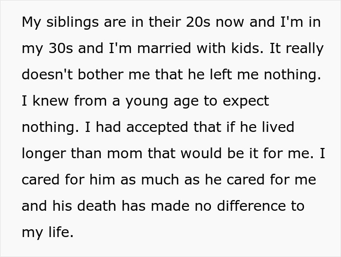 Text about siblings discovering stepsister's lack of biological connection after father's will reveals truth. Text about siblings discovering stepsister's lack of biological connection after father's will reveals truth.
